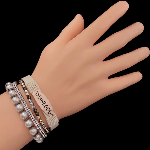 Thank God 4 Row Ivory Vegan Leather & Beaded Magnetic Clap Layered Bracelet - Picture 2 of 3